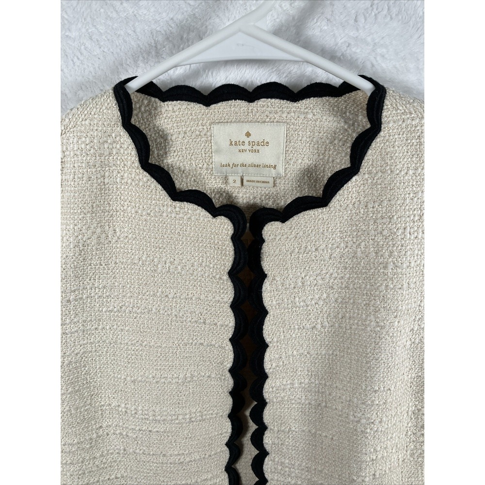 Kate Spade Tweed Jacket Womens Size 2 Cream Black Scallop Trim 3/4 Sleeve Career - Picture 3 of 12